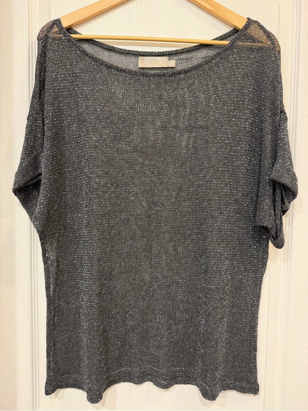 Nation LTD Metallic Charcoal Short Sleeve Sheer Knit Top